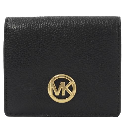 MICHAEL KORS FULTON 圓形LOGO荔枝牛皮零錢短夾.黑