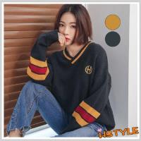 毛衣 V領撞色條紋長袖毛衣NG9497-創翊韓都
