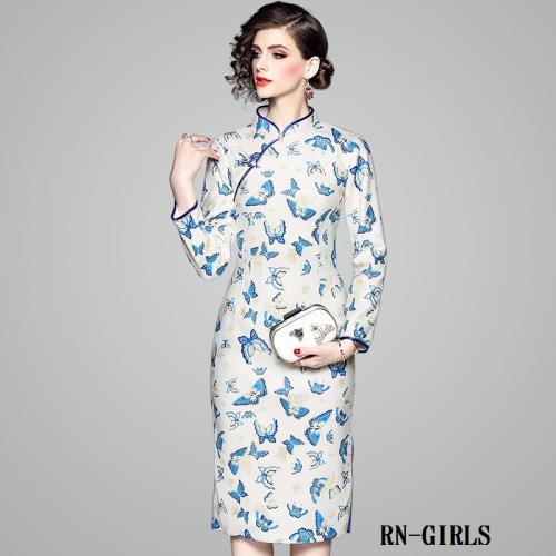 RN－girls-精品中國風青花瓷蝴蝶印花毛呢長袖洋裝小禮服