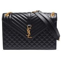 YSL MONOGRAM MIXED系列造型縫線魚子醬牛皮金屬LOGO金鍊肩背/斜背包(黑)