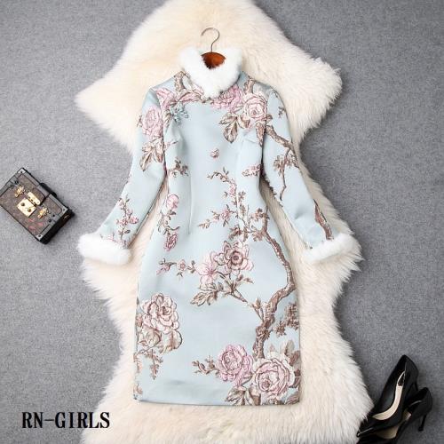RN－girls-精品兔毛領刺繡改良式旗袍長袖洋裝小禮服