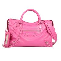 BALENCIAGA 銀色小釦經典City羊皮新款長背帶機車包(玫瑰色)