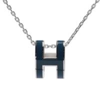 HERMES 經典Pop H立體簍空橢圓LOGO項鍊(銀-藍灰色)