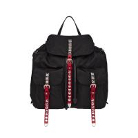 【PRADA】新款雙色鉚釘鑲嵌磁釦雙口袋尼龍後背包-大 (1BZ811-黑x紅)