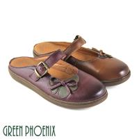 GREEN PHOENIX 一字帶撞色花瓣蝴蝶結全真皮平底前包後空拖鞋U31-27323