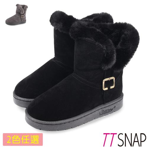 TTSNAP雪靴-仿牛麂皮滾邊鋪毛中筒靴 黑/灰