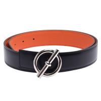 HERMES 經典Glenan銀色LOGO雙面兩穿小牛皮腰帶/皮帶(黑X橘)