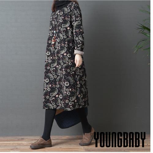 YOUNGBABY中大碼- 高領夾棉加厚變形蟲兩件式長洋裝．黑