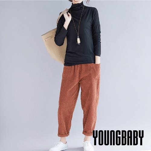 YOUNGBABY中大碼- 鬆緊腰圍側口袋燈芯絨哈倫褲．駝/黑