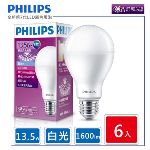 6入組【飛利浦 PHILIPS】LED廣角燈泡 13.5W 白光 1600流明 6500K 全電壓