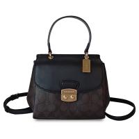 COACH 專櫃款氣質緹花防刮皮革金扣手提/斜背淑女包-黑/咖