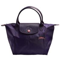 LONGCHAMP 經典Collection系列刺繡摺疊暗釦/拉鍊短提把尼龍水餃包(小-藍莓色)