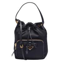 PRADA TESSUTO系列經典金色三角LOGO尼龍包身蝴蝶結牛皮飾邊萬用束口手提/斜背包(黑)