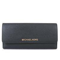 MICHAEL KORS JET SET TRAVEL金字LOGO十字紋防刮皮革薄型長夾(黑色)