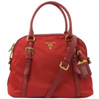 PRADA 1BB013 浮雕LOGO尼龍帆布肩斜兩用保齡球包.紅