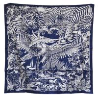 HERMES 經典Flamingo Party系列佛朗明哥風格圖騰絲質方巾/披巾(深藍X白)