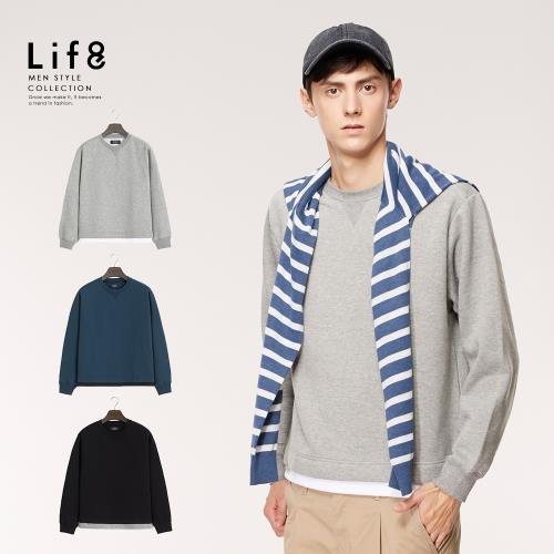 Life8-Casual 高磅保暖 刷毛假兩件式大學圓領T-10148
