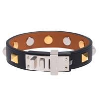 HERMES 經典Mini Dog銀色轉釦方形雙色鉚釘裝飾Swift小牛皮手環(黑-T2)
