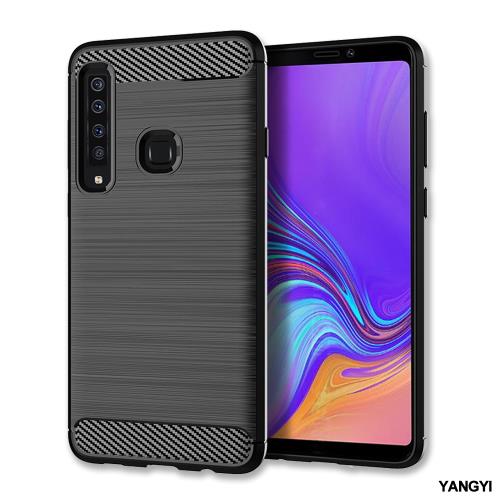 YANGYI揚邑-Samsung Galaxy A9 2018 拉絲紋碳纖維軟殼散熱防震抗摔手機殼-黑