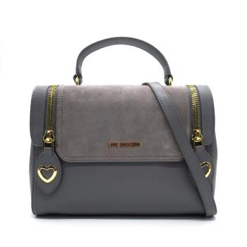 【MOSCHINO】LOVE MOSCHINO系列 麂皮拚滑面皮革 拉鍊飾邊 掀蓋 手提/斜背 二用包 (灰)