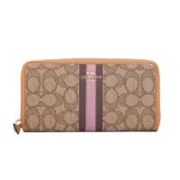 COACH 緹花布C LOGO 條紋拉鍊長夾(卡其/粉紫)