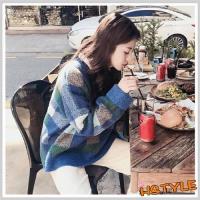 毛衣 圓領格紋拼色長袖毛衣OK1228-創翊韓都