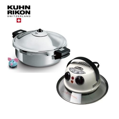 KUHN RIKON瑞士壓力鍋5L+28cm玻璃蓋+粉彩豬計時器+快易夾