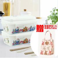 安妮兔陶瓷三格密扣保鮮盒附餐具1100ml-2入贈時尚手提保冷袋1入(樣式隨機)
