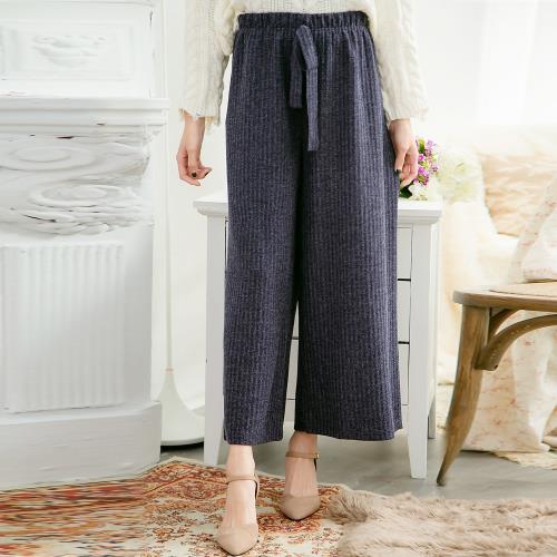 大尺碼-腰鬆緊綁蝶結素色坑直紋寬褲(共二色)lingling