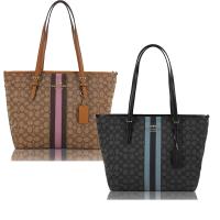 【COACH】金屬馬車LOGO緹花織布條紋托特包