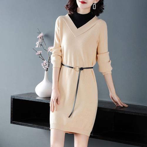 RN－girls-精品OL時尚假兩件針織長袖洋裝