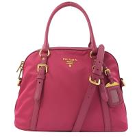 PRADA 1BB013 浮雕LOGO尼龍帆布肩斜兩用保齡球包.桃