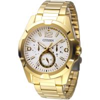 CITIZEN 都會貴族三眼時尚男錶(AG8332-56A)-IP金/白/44mm