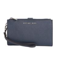 Michael Kors 雙拉鍊防刮皮革金色字母手拿手機長夾(海軍藍)