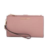 Michael Kors 雙拉鍊防刮皮革金色字母手拿手機長夾(灰玫瑰)