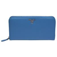 PRADA SAFFIANO經典銀色立體浮雕LOGO防刮牛皮拉鍊長夾(水藍)