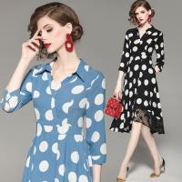 RN-girls-精品OL復古V領大圓點蕾絲拼接長袖洋裝