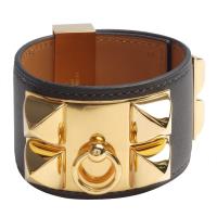 HERMES collier de chien金屬鉚釘山羊皮寬版手環(S-墨灰X金)