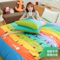 eyah 宜雅 台灣製時尚品味100%超細雲絲絨雙人床包枕套3件組-喵喵故事