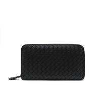 【BOTTEGA VENETA】編織羊皮寬版拉鍊長夾 (114076-黑)