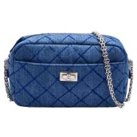 CHANEL 經典復刻2.55菱格縫線丹寧帆布鎖釦造型銀鍊斜背相機包(牛仔藍)