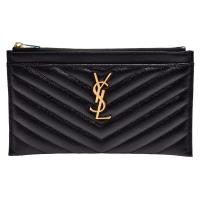 YSL 經典MONOGRAM系列V字縫線魚子醬牛皮金色LOGO拉鍊手拿包(黑)
