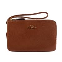 COACH 馬車LOGO皮革雙層L型拉鍊手拿包(駝色)