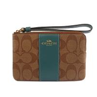 COACH 皮革+PVC LOGO L型拉鍊手拿包(綠/卡其)