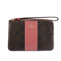 COACH 皮革+PVC LOGO L型拉鍊手拿包(粉/棕)
