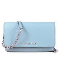 MICHAEL KORS JET SET TRAVEL 銀字LOGO防刮皮革翻蓋鏈帶斜背包(淺藍色)