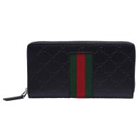GUCCI 經典Signature系列GG壓紋綠紅綠織帶拉鍊長夾(黑)