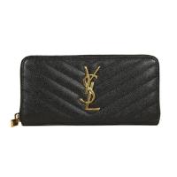 YSL 經典金屬LOGO魚子醬牛皮拉鍊式長夾(黑色)