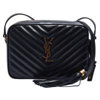 YSL MONOGRAM系列車縫V字紋亮面小牛皮復古金屬LOGO金鍊流蘇拉鍊肩/斜背包(黑)