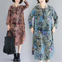【Keer】原創文藝寬鬆棉麻印花洋裝L-2XL(共兩色)
